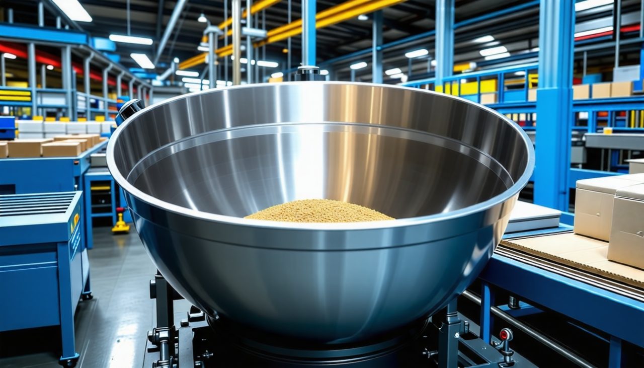 un-bol-vibrant-industriel-sur-une-ligne-de-production-visible-au-milieu-de-machines-avec-des-produits-se-deplacant-illumine-par-une-lumiere-douce-creant-une-ambiance-de-travail-dans-une-usine