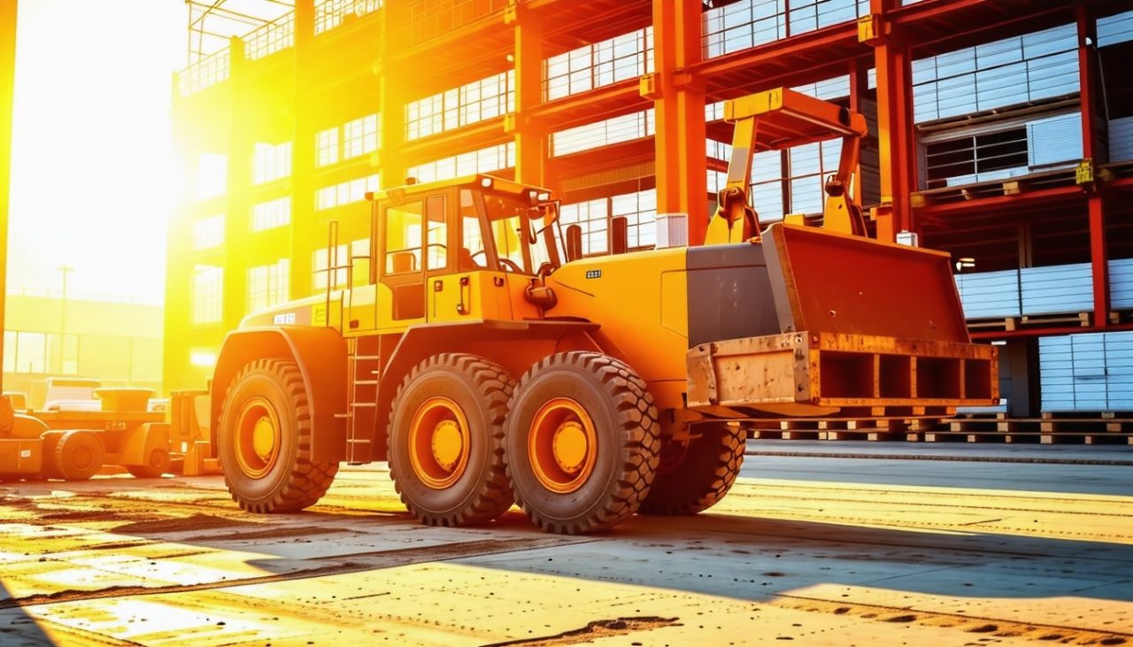 Un chargeur frontal soulevant de lourds palettes sur un chantier, sous un soleil éclatant, mettant en valeur la machine avec des ombres douces.