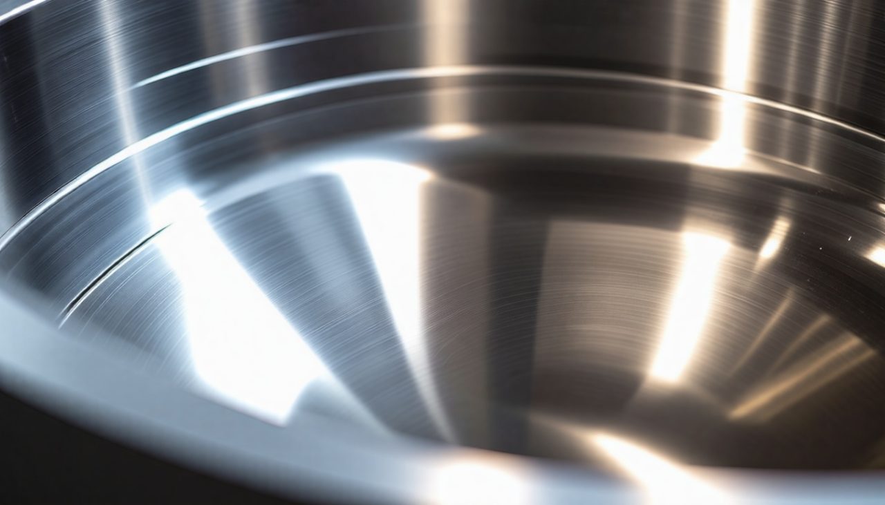 Gros plan des composants d'un bol vibratoire, mettant en avant les textures et détails des surfaces métalliques, avec un éclairage doux qui accentue les courbes et les contours.