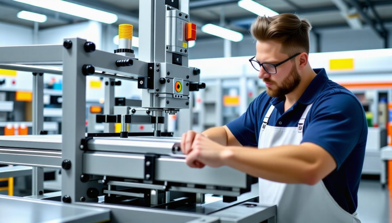 Un ouvrier en train de faire fonctionner une machine d'étiquetage, concentré sur son travail, dans un environnement industriel lumineux, mettant en avant les détails de la machine.