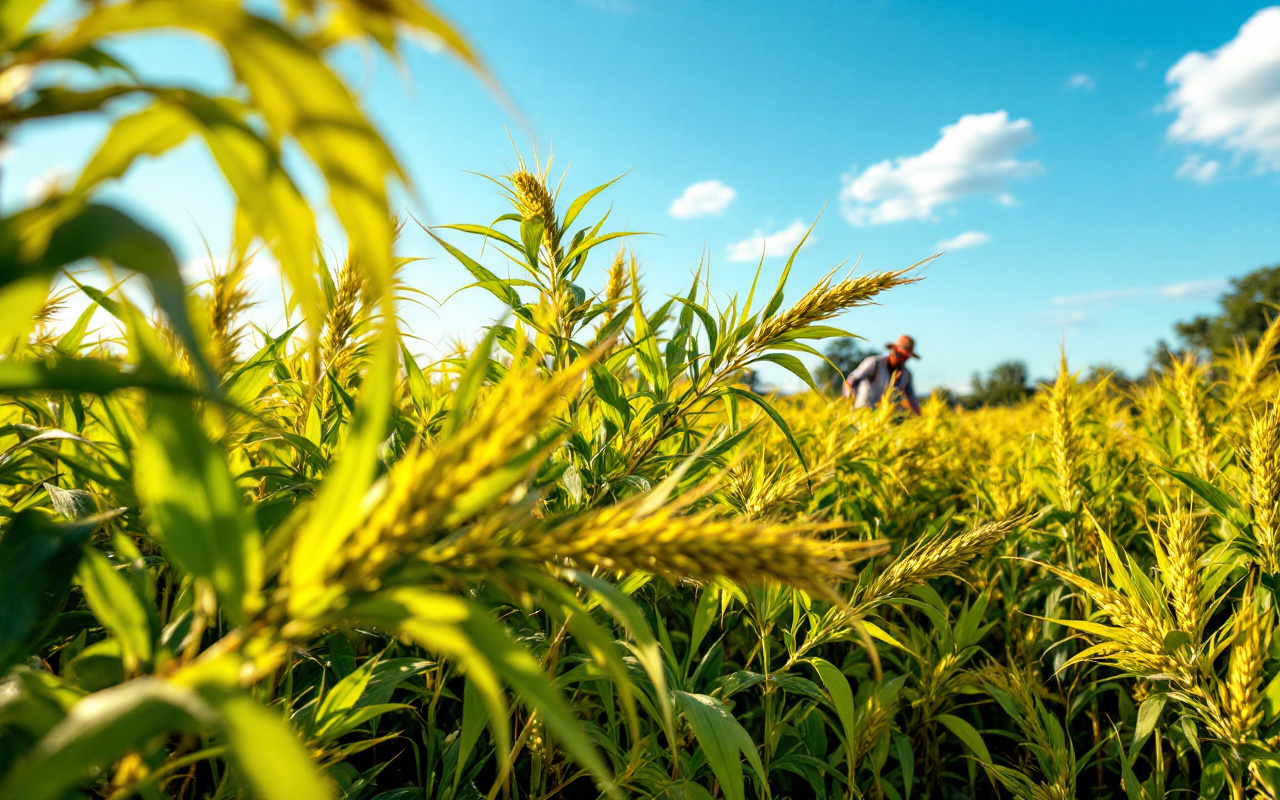 un-champ-de-chanvre-pendant-la-saison-des-recoltes-avec-des-plants-dores-et-verts-qui-ondulent-doucement-des-agriculteurs-au-travail-en-arriere-plan-sous-un-ciel-bleu-clair-et-un-soleil-chaud