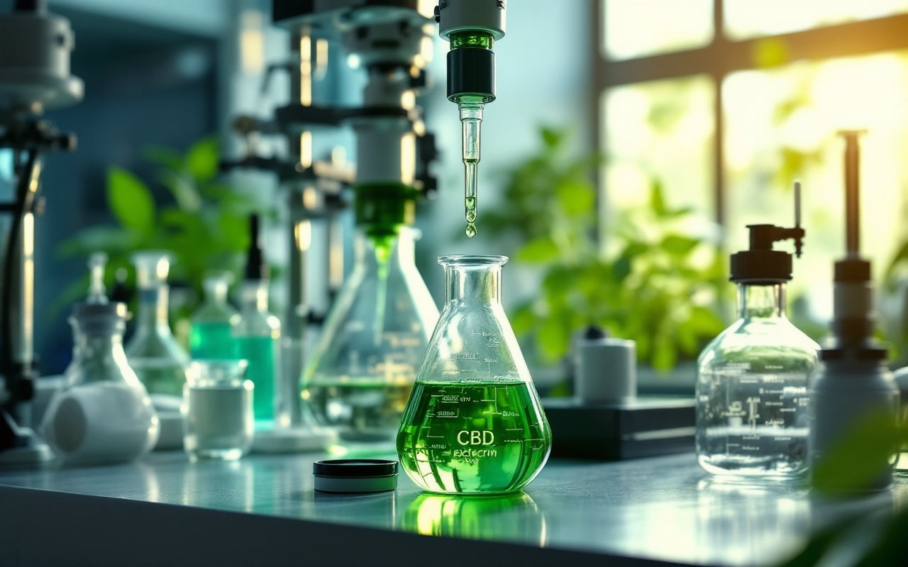 Image d'équipements de laboratoire pour l'extraction de CBD, comprenant des éprouvettes en verre, des pipettes sophistiquées et un système de filtration moderne, dans un espace de travail lumineux et stérile.