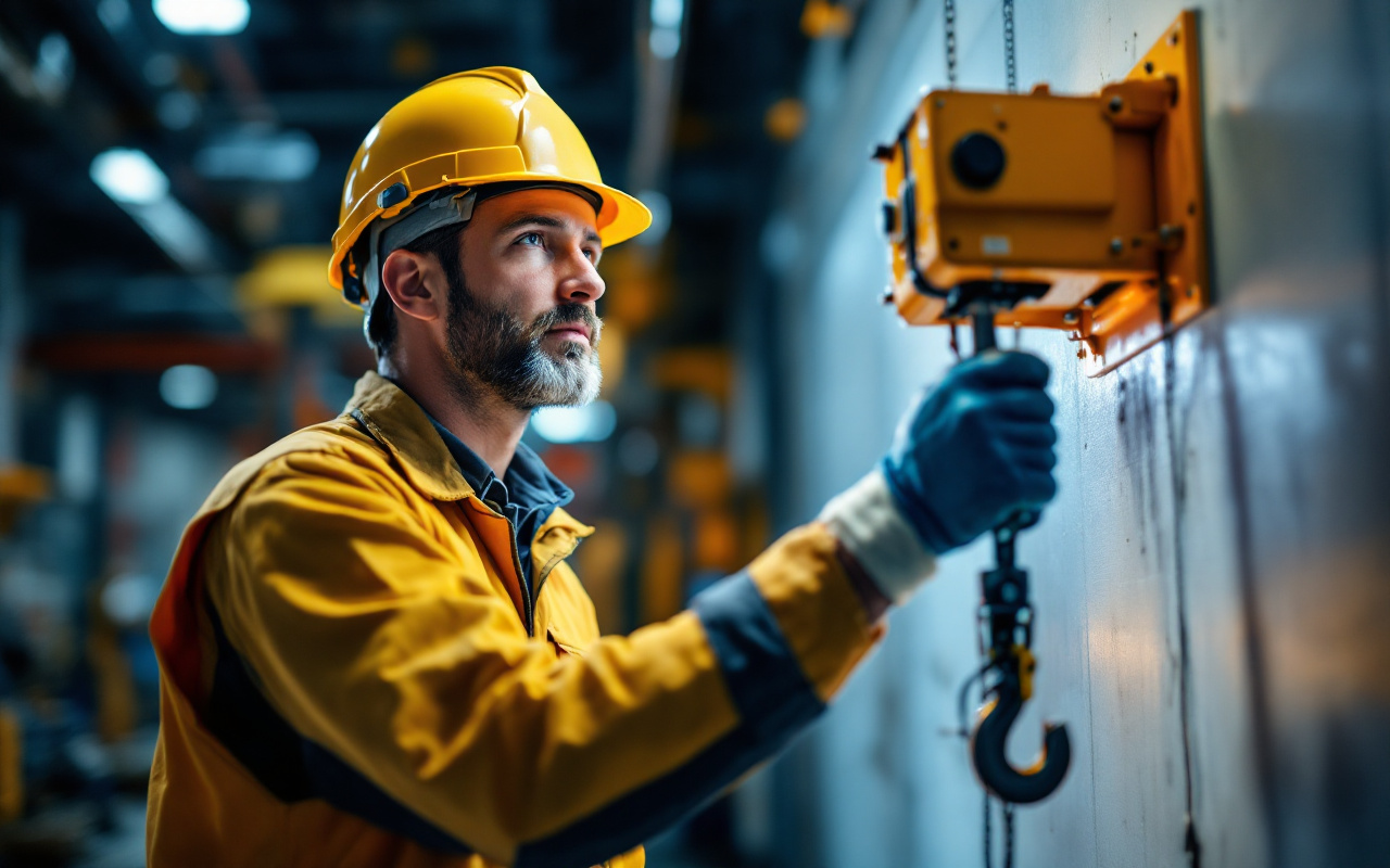 Un ouvrier portant des équipements de sécurité, concentré sur l'utilisation d'un hoist mural dans un environnement industriel. La lumière volumétrique met en valeur le mécanisme du hoist.