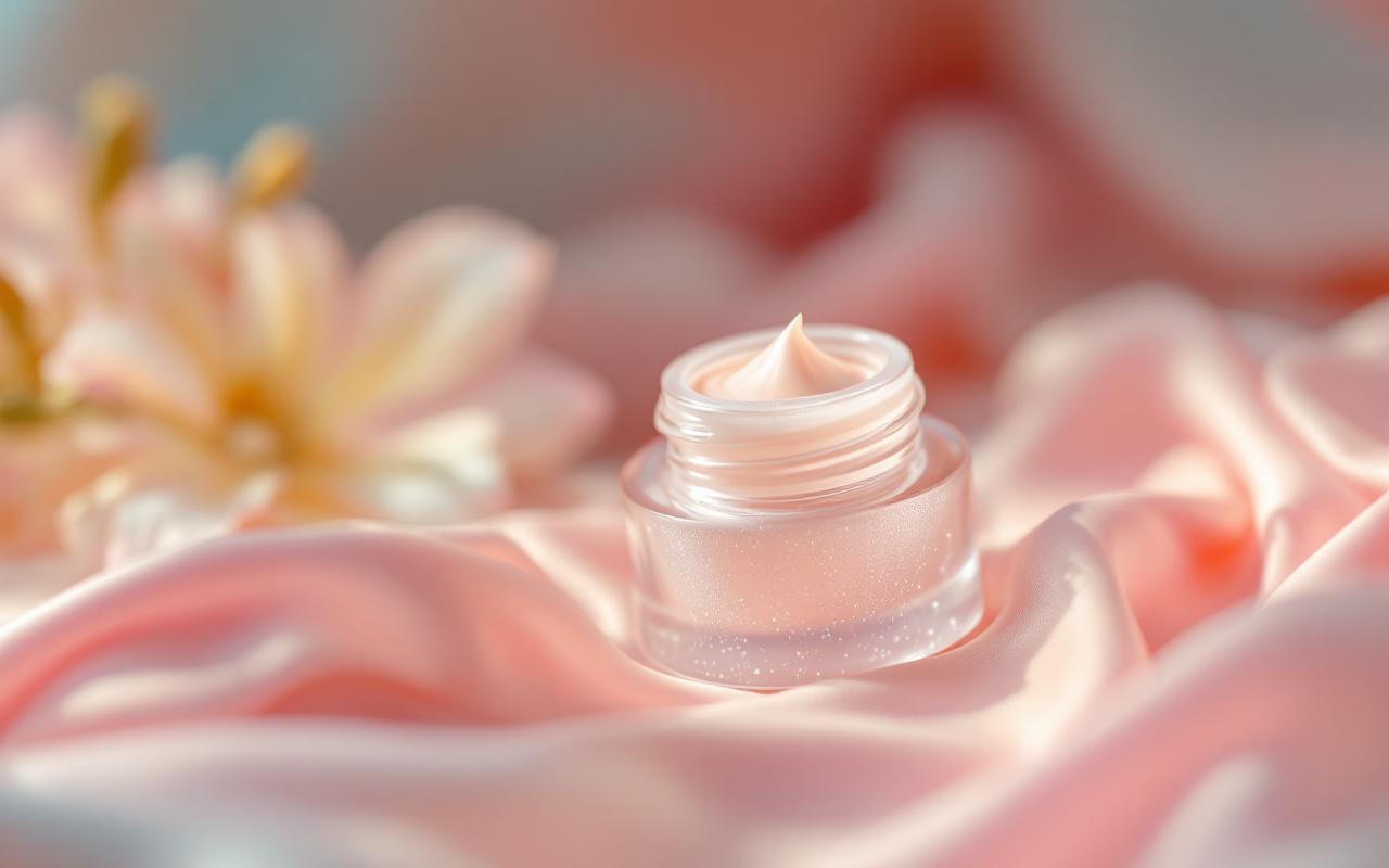 Image en gros plan d'une bouteille cosmétique scellée, mettant en avant sa texture brillante et son design élégant, avec un arrière-plan flou aux couleurs pastel.