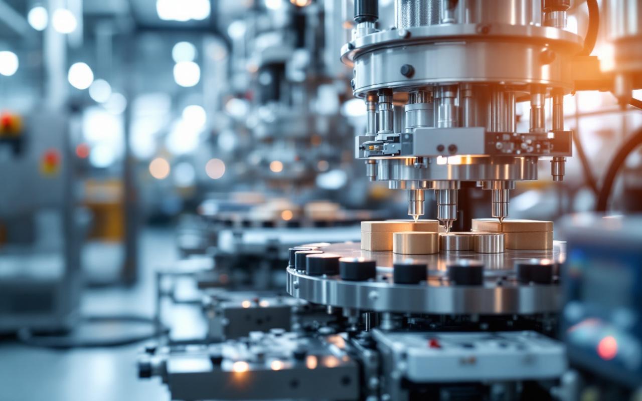 Une machine sophistiquée utilisée pour le contrôle de qualité dans un environnement d'emballage, montrant des détails complexes et une lumière bien placée qui met en valeur le fonctionnement précis de l'équipement.