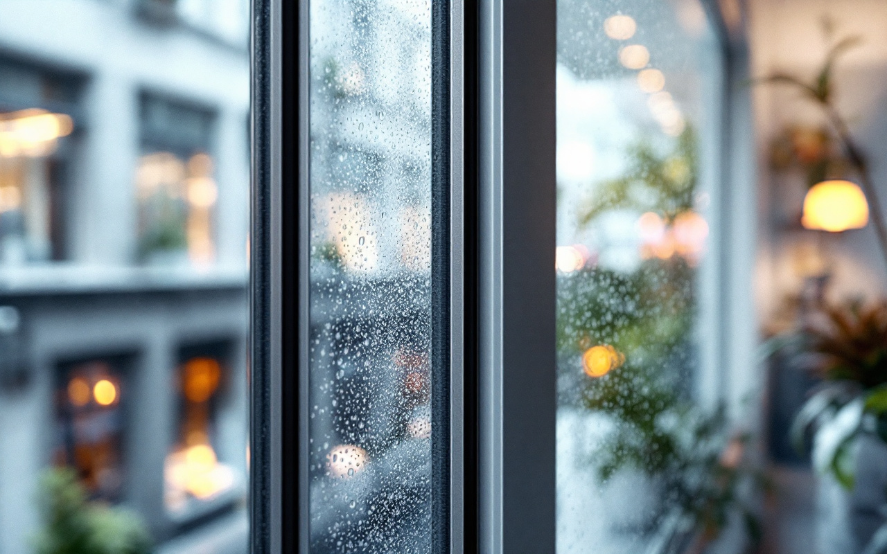 Gros plan d'une fenêtre coulissante en cadre aluminium avec vitrage acoustique, montrant la texture du métal, les couches du verre, reflets doux et lumière volumétrique matinale