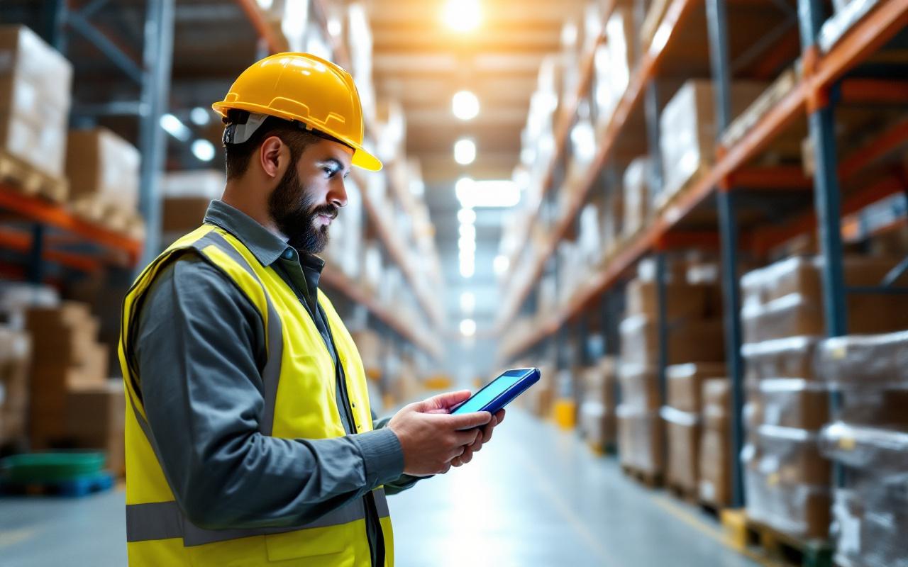 Opérateur d'entrepôt utilisant une tablette CMMS près de rayonnages à palettes, portant un gilet de sécurité jaune et un casque, éclairage volumétrique doux et ambiance industrielle