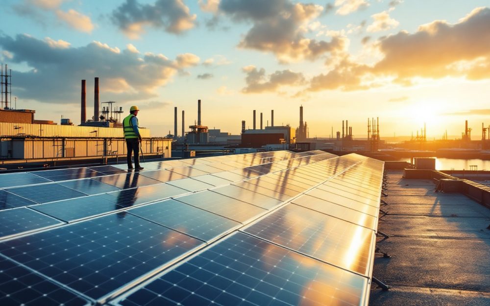 Vue d'un toit industriel à La Rochelle couvert de rangées de panneaux solaires bleu-argent, reflets réalistes sous une lumière dorée de coucher de soleil, port et cheminées en arrière-plan, un technicien en gilet de sécurité effectuant la maintenance.