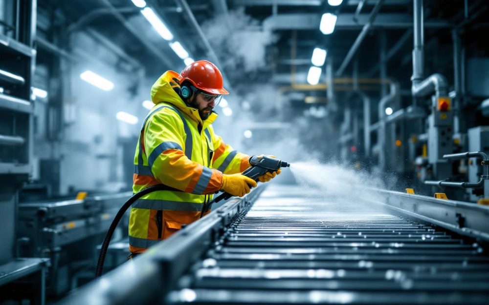 Un technicien en haute visibilité nettoie à la vapeur sèche un convoyeur industriel en acier inoxydable, vapeur visible et éclairage volumétrique, taches de graisse en cours d'élimination.