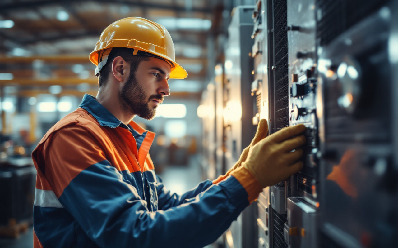 Technicien portant casque et gants inspecte un onduleur photovoltaïque dans une usine, plan rapproché, lumière naturelle volumétrique, ambiance industrielle avec racks et équipements solaires.
