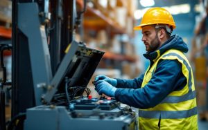 Technicien en gilet de sécurité et gants, agenouillé près d'un chariot élévateur, vérifiant une batterie ouverte avec des câbles et des outils, dans un entrepôt aux rayonnages métalliques, éclairage volumétrique doux, tons chauds jaunes et bleus froids.
