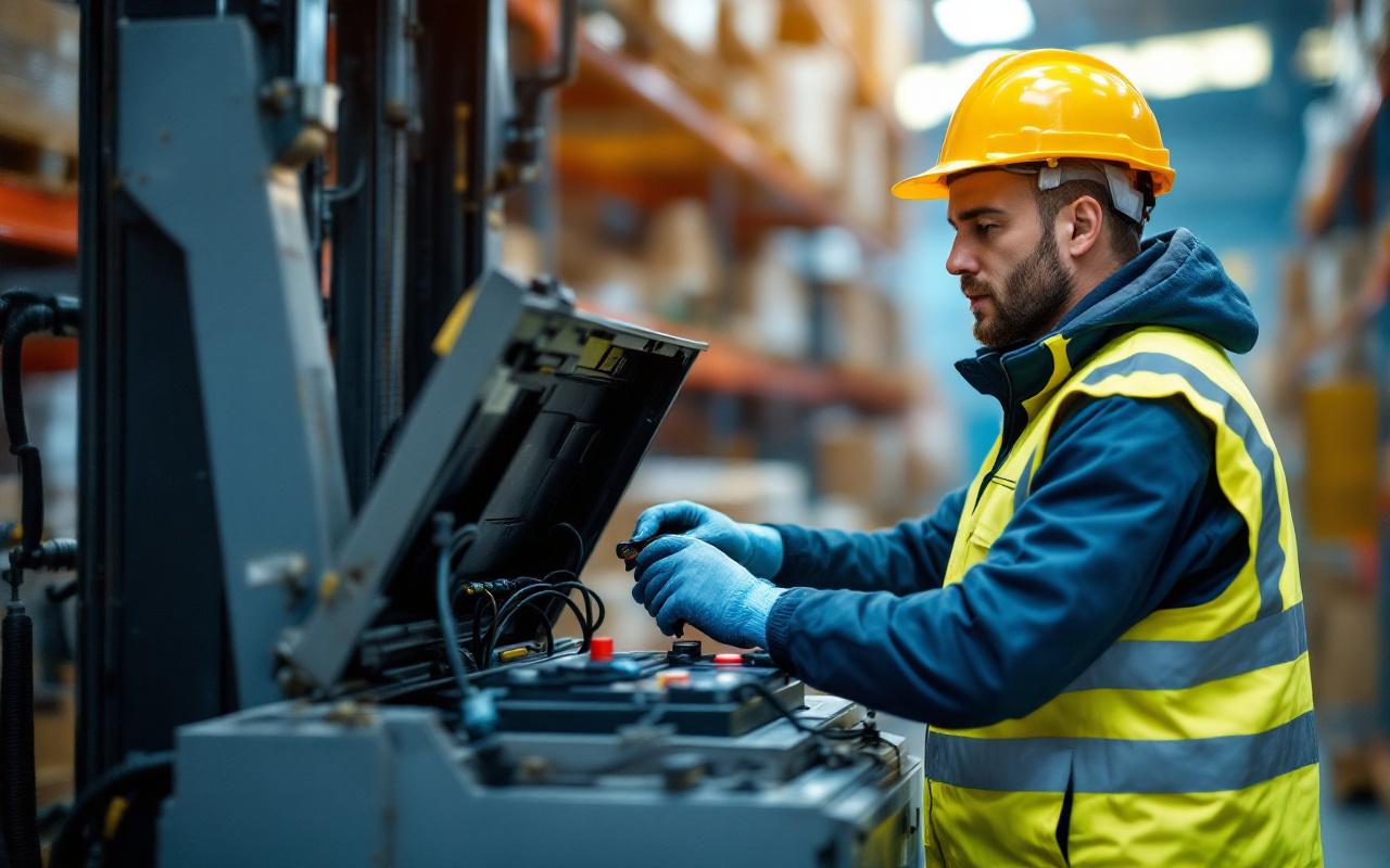 Technicien en gilet de sécurité et gants, agenouillé près d'un chariot élévateur, vérifiant une batterie ouverte avec des câbles et des outils, dans un entrepôt aux rayonnages métalliques, éclairage volumétrique doux, tons chauds jaunes et bleus froids.