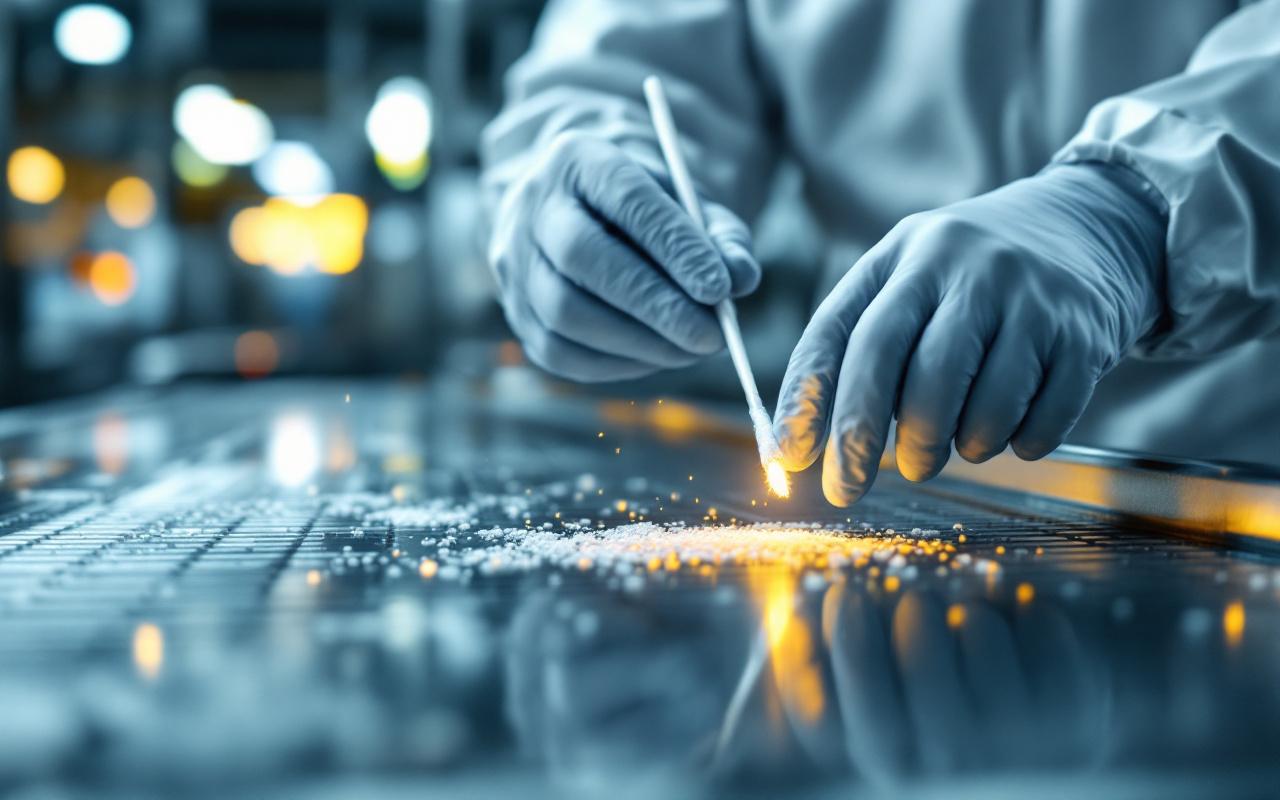 Travailleur d'usine alimentaire réalisant un prélèvement ATP sur un convoyeur en acier inoxydable, portant des EPI (gants, charlotte), dans un environnement de production propre et lumineux.