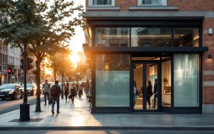 Façade moderne d'un commerce avec fenêtres en PVC le long d'un boulevard animé, passants et voitures, lumière chaude du coucher de soleil, vitrines réfléchissantes et détails urbains réalistes.