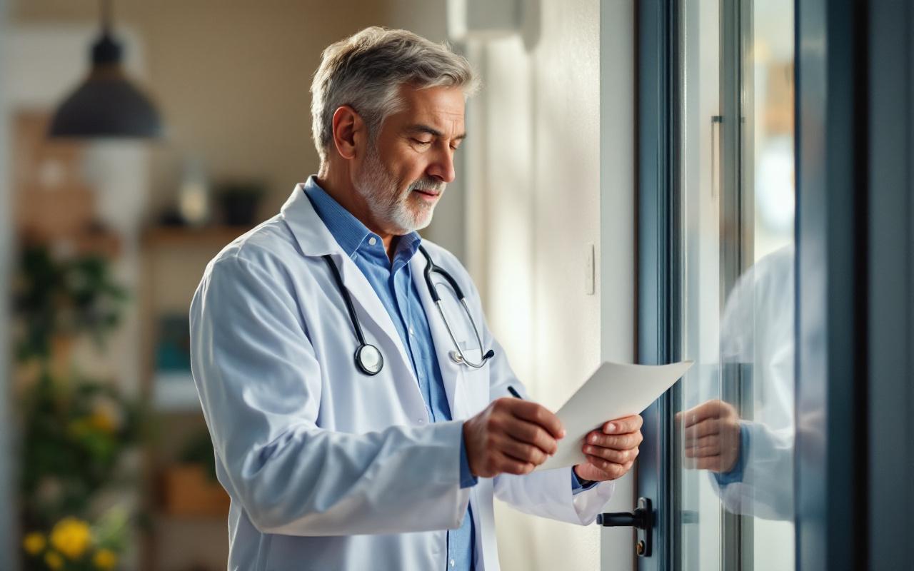 Médecin en blouse blanche laissant un avis sur la porte d'une maison après une visite à domicile, tenant un dossier, visage calme et respectueux, lumière matinale volumétrique, tons chauds et bleus doux.
