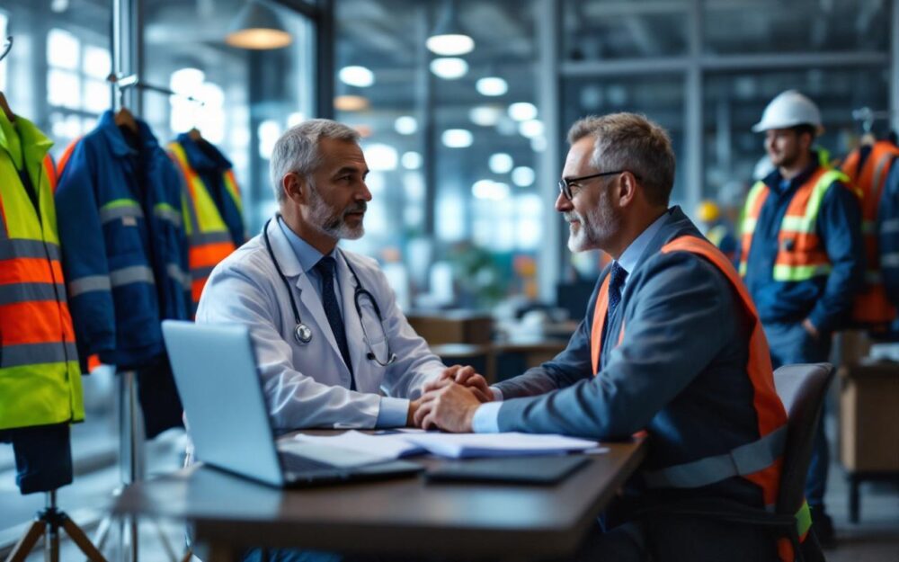 Médecin du travail discutant de la reprise avec un salarié assis à un bureau dans un bureau d'usine. Casques et gilets de sécurité visibles, fenêtre donnant sur l'atelier, ordinateur et dossiers sur la table, lumière matinale douce, ambiance réaliste et professionnelle.