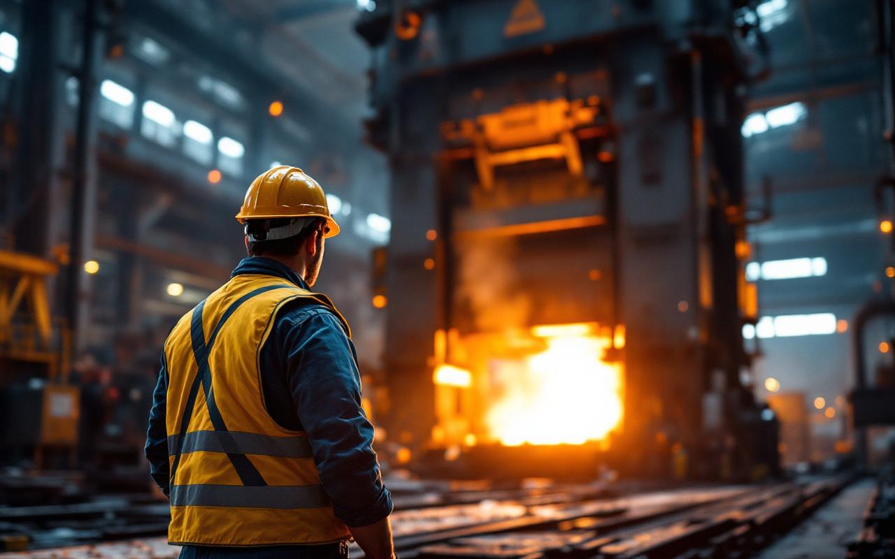 Un ingénieur en gilet de sécurité jaune et casque inspecte une grande presse industrielle dans une aciérie, entouré de vapeur, copeaux métalliques et grues en arrière-plan, avec une lueur orange de métal en fusion et des faisceaux de lumière volumétrique.