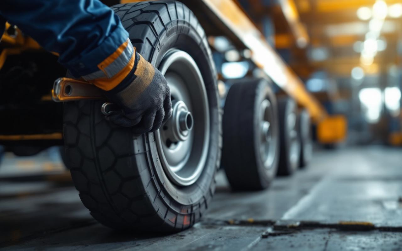 Ouvrier en tenue de sécurité vérifiant les roues lourdes en polyuréthane d'un chariot industriel, gros plan sur ses mains et les roues dans un atelier éclairé par une lumière volumétrique chaude.