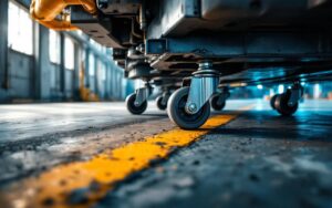 Gros plan bas montrant des roulettes industrielles robustes fixées sous une machine métallique sur le sol d'une usine en béton, taches d'huile et marquages jaunes visibles, éclairage d'atelier chaud mélangé à une lumière froide venant des fenêtres, ombres prononcées.