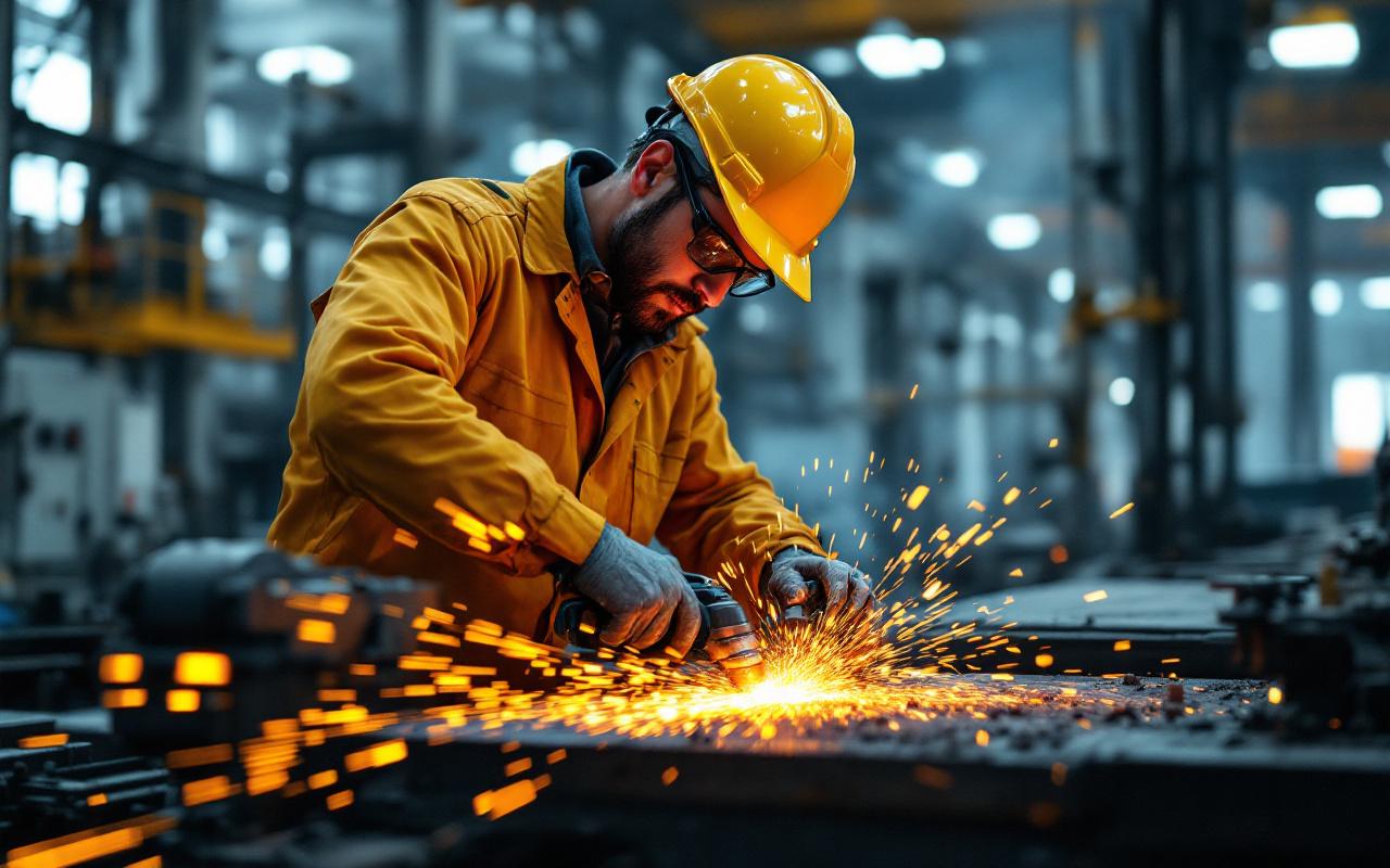 Technicien en tenue de sécurité réalisant un usinage sur site sur une grosse machine industrielle, outil portatif produisant étincelles et copeaux, sol huilé et structures en acier en arrière-plan, éclairage volumétrique mettant en valeur tons gris et jaune.