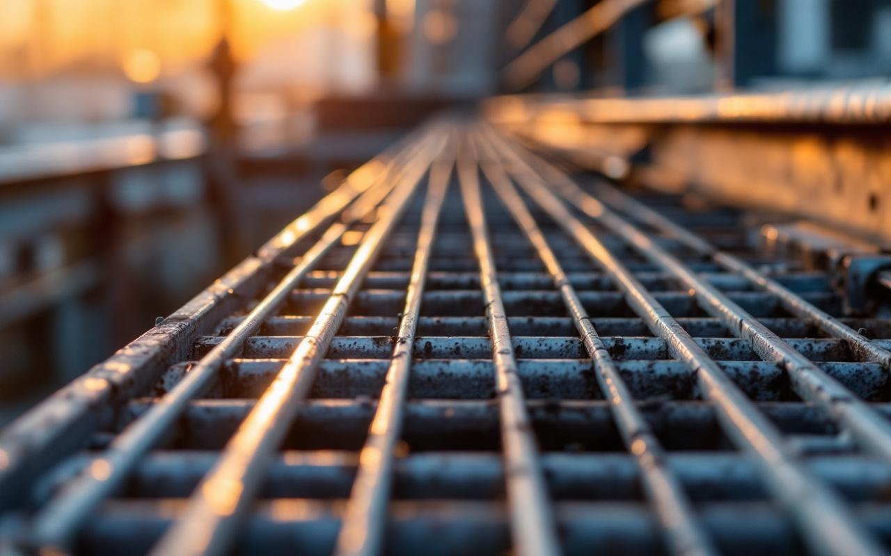Gros plan d'une grille en acier galvanisé sur un escalier industriel, métal argenté et texturé, faible profondeur de champ, éclairage de coucher de soleil doux avec légers rayons volumétriques, arrière-plan industriel flou.