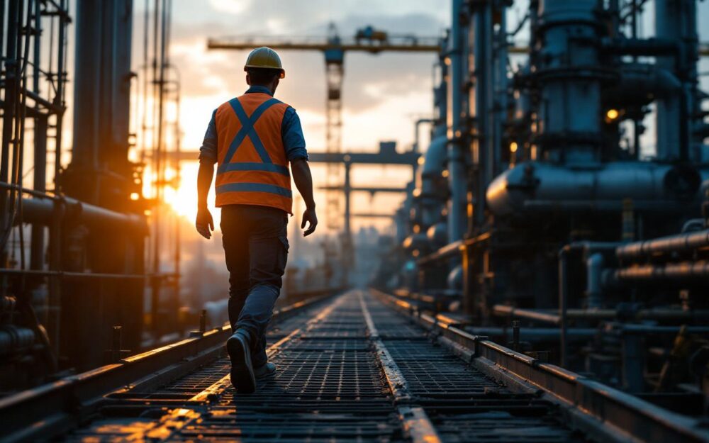 Ouvrier marchant sur une plateforme en grille métallique dans une usine, portant un casque et un gilet de sécurité réfléchissant. Lumière volumétrique chaude orange en contre-jour traverse la structure acier grise, avec ombres marquées et reflets brillants.