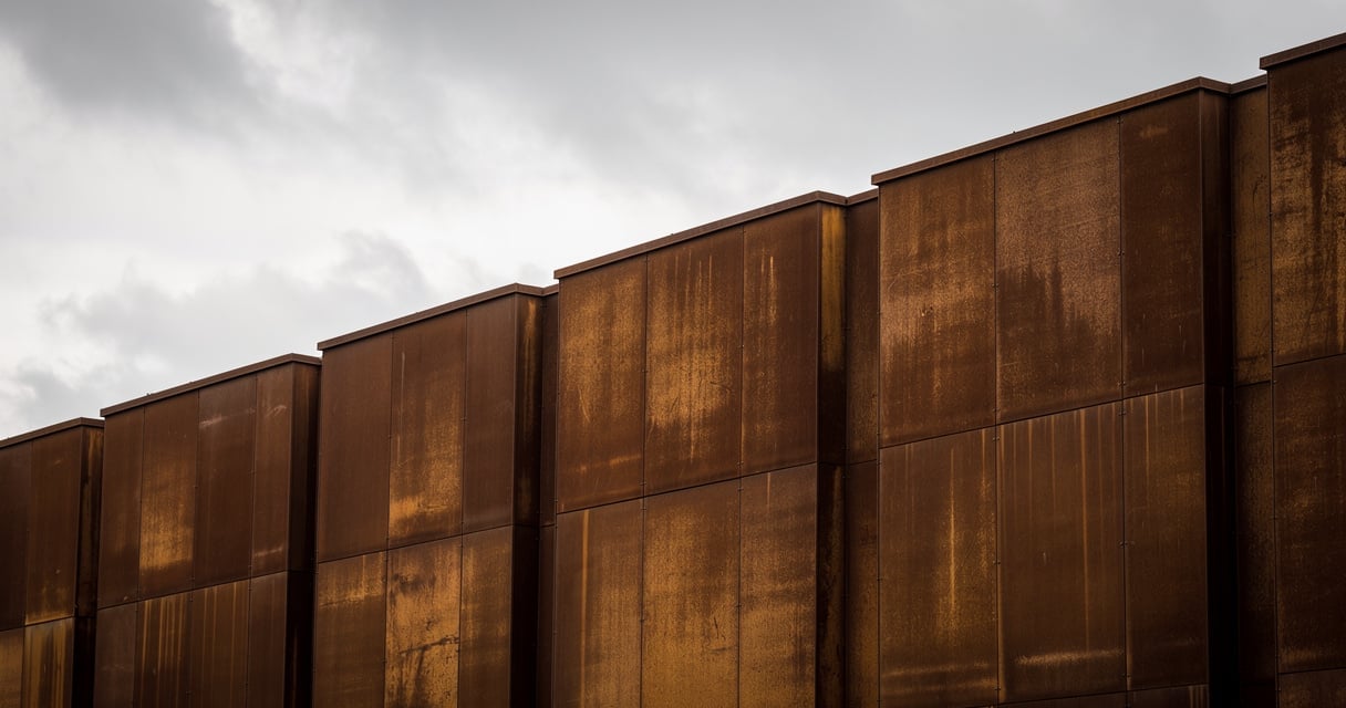 Façade de bâtiment industriel en acier corten avec sa patine brun-orangé caractéristique