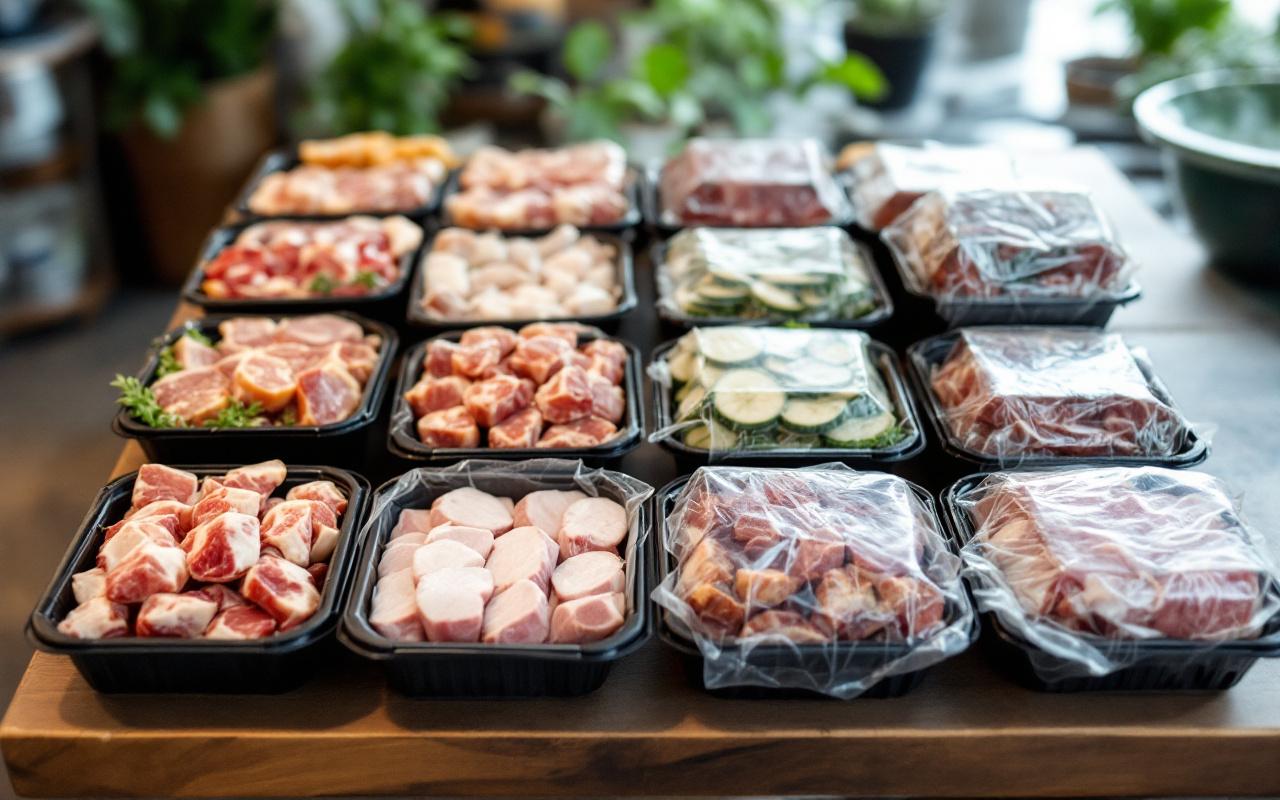 Comparaison visuelle d’emballages recyclables pour boucherie-charcuterie-traiteur, avec mise en avant de barquettes et contenants plus fins et économes en matière, dans un rendu photo réaliste au jour naturel.