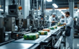 Ligne de conditionnement agroalimentaire moderne et propre, avec convoyeurs en acier et machines d’emballage assemblant des packs alimentaires éco-conçus.