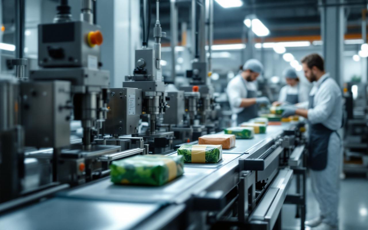 Ligne de conditionnement agroalimentaire moderne et propre, avec convoyeurs en acier et machines d’emballage assemblant des packs alimentaires éco-conçus.