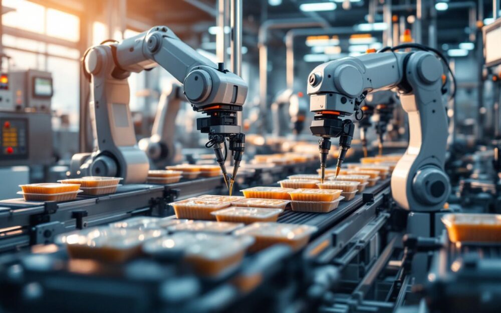 Ligne de production agroalimentaire automatisée avec bras robotiques déposant des contenants sur un convoyeur, capteurs de contrôle et équipements en acier inoxydable, éclairage naturel en ambiance d’usine.
