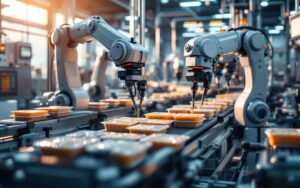Ligne de production agroalimentaire automatisée avec bras robotiques déposant des contenants sur un convoyeur, capteurs de contrôle et équipements en acier inoxydable, éclairage naturel en ambiance d’usine.