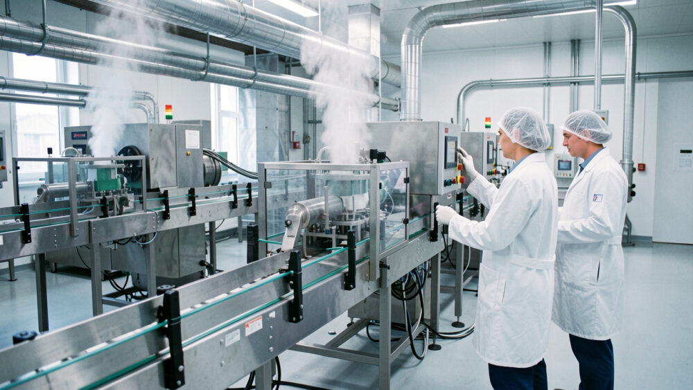 Ligne de production agroalimentaire moderne avec machines en acier inoxydable, opérateurs en tenues propres inspectant l’équipement, ambiance industrielle lumineuse et sanitaire.