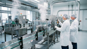Ligne de production agroalimentaire moderne avec machines en acier inoxydable, opérateurs en tenues propres inspectant l’équipement, ambiance industrielle lumineuse et sanitaire.
