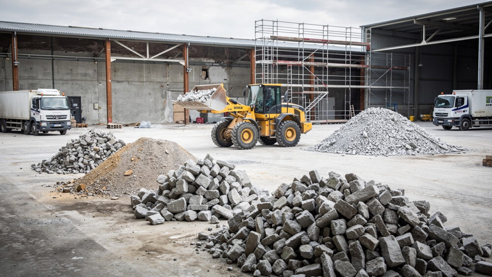 Site industriel en rénovation avec des gravats de béton triés, une chargeuse jaune et quelques camions de chantier stationnés.