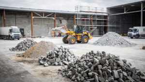 Site industriel en rénovation avec des gravats de béton triés, une chargeuse jaune et quelques camions de chantier stationnés.