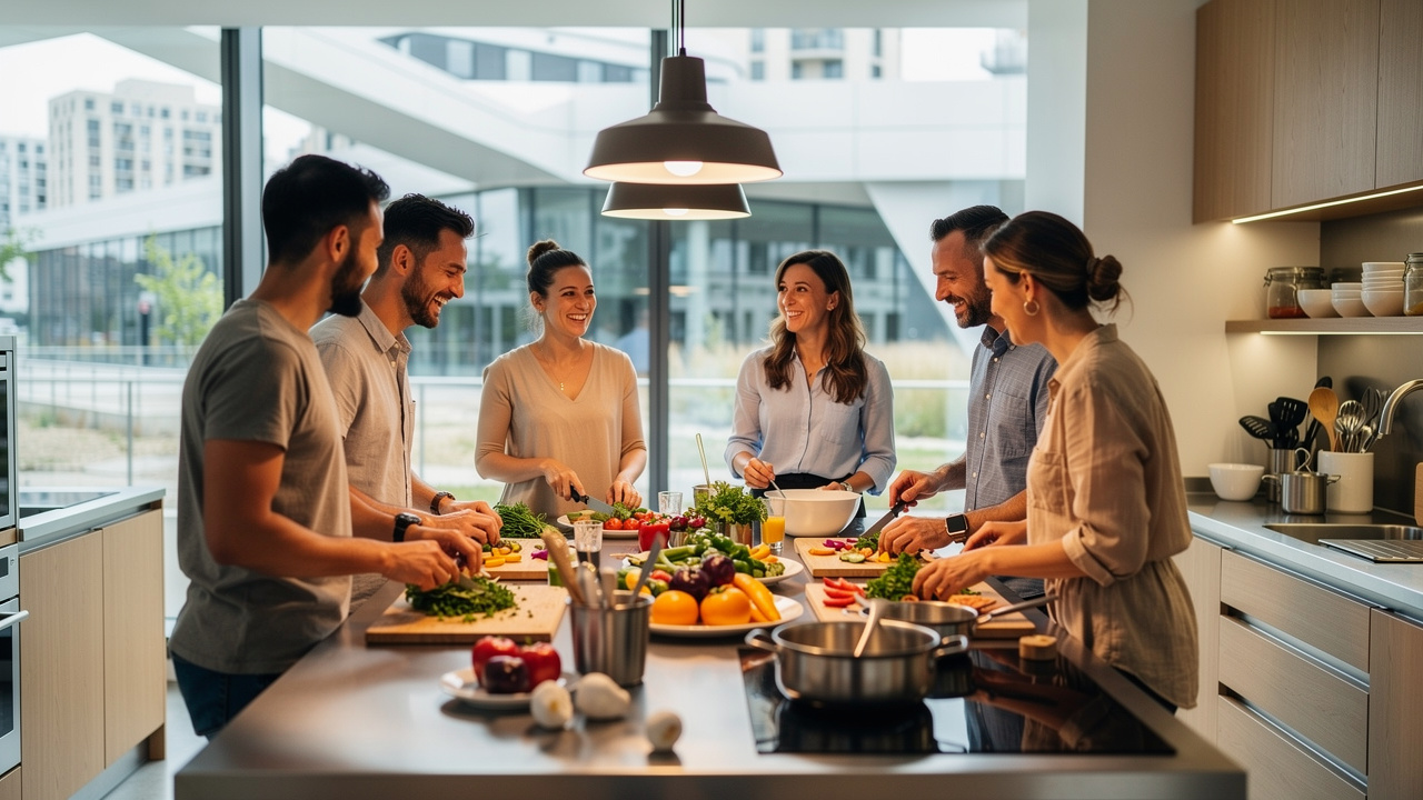 Des collègues, femmes et hommes, préparent ensemble un repas coloré dans une cuisine moderne et lumineuse à Lyon Confluence.