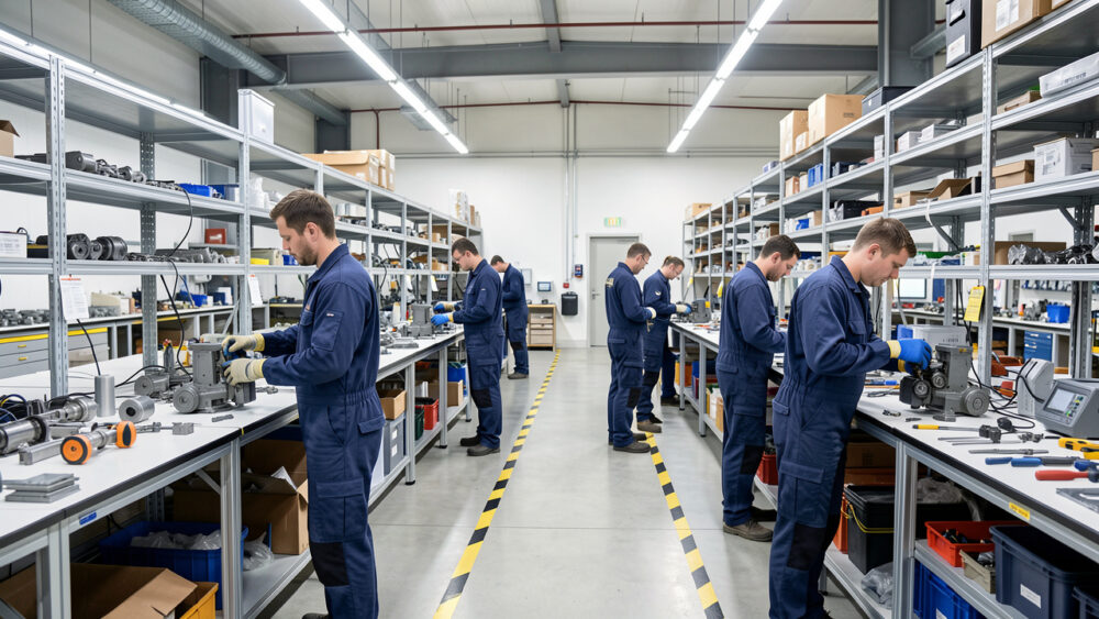 Atelier industriel moderne et organisé avec des postes de travail, des rayonnages métalliques, des allées sécurisées et des équipes en activité.