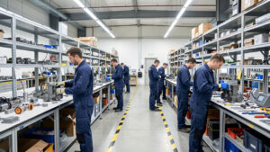 Atelier industriel moderne et organisé avec des postes de travail, des rayonnages métalliques, des allées sécurisées et des équipes en activité.