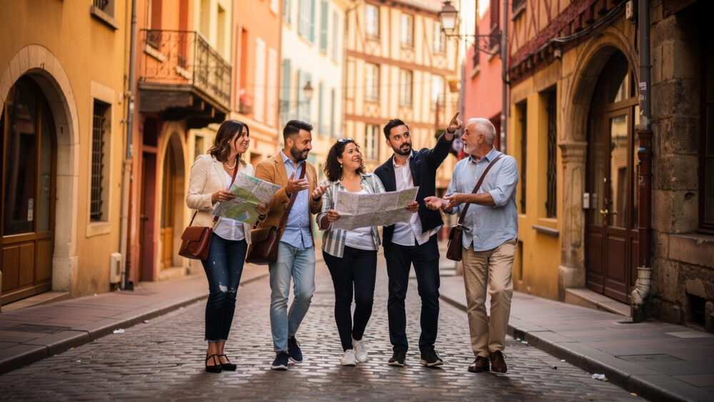 Équipe diversifiée de salariés participant ensemble à un rallye urbain dans les rues historiques du Vieux-Lyon, entourée d’une architecture lyonnaise colorée.