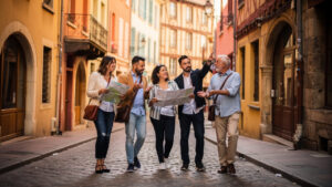 Équipe diversifiée de salariés participant ensemble à un rallye urbain dans les rues historiques du Vieux-Lyon, entourée d’une architecture lyonnaise colorée.