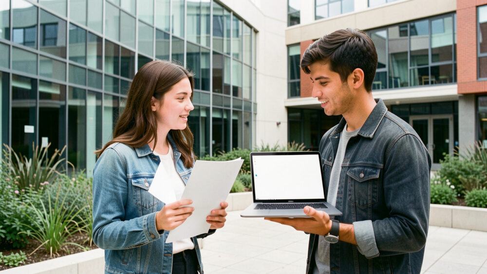 Deux étudiants échangent sur un campus moderne avec des brochures vierges et un ordinateur portable.