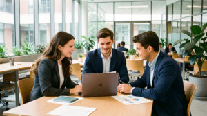 Deux étudiantes et un étudiant échangent autour d’un projet professionnel dans un espace d’étude moderne d’un campus.