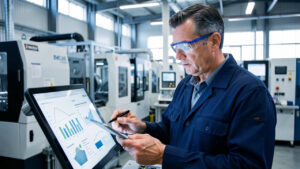 Un responsable industriel analyse les coûts de production dans une usine moderne, avec des machines automatisées en arrière-plan.
