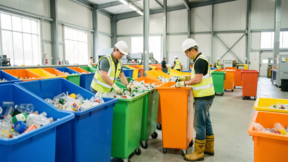 Site industriel propre et organisé avec des conteneurs de tri colorés et deux opérateurs équipés de vêtements de sécurité dans une zone de recyclage.