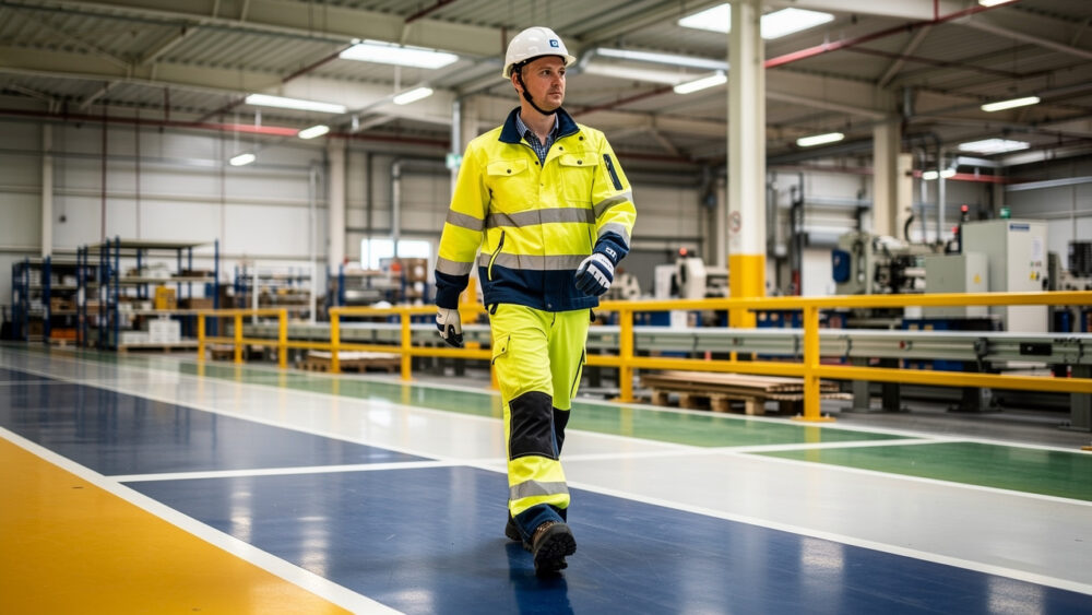 Technicien industriel portant des chaussures de sécurité, un casque, des gants et une tenue haute visibilité, marchant dans un atelier avec des zones de manutention.