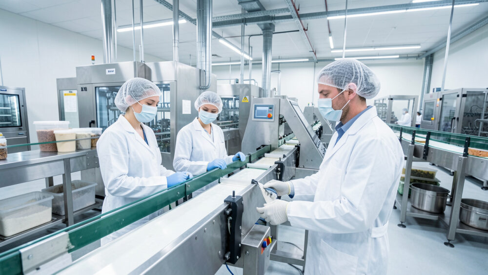 Deux femmes et un homme en tenue sanitaire observent une ligne de production automatisée dans un atelier agroalimentaire moderne et propre.