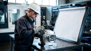 Chaudronnier portant des équipements de protection contrôlant une pièce métallique dans un atelier industriel moderne, à côté d’un plan de fabrication vierge.