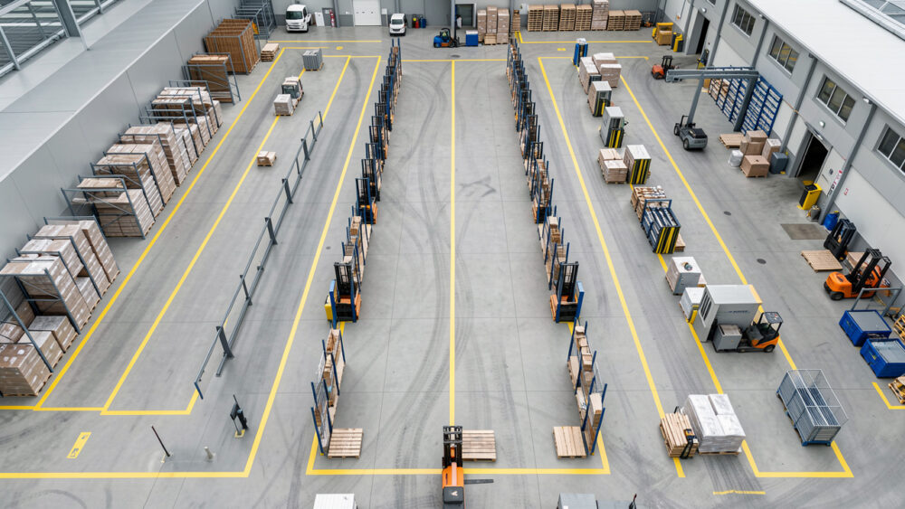 Vue aérienne d’un atelier industriel organisé avec des zones logistiques distinctes, des équipements de manutention et des flux de circulation clairement structurés.