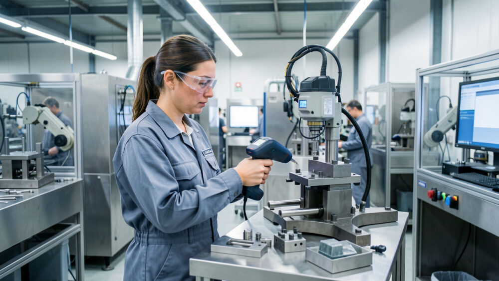 Opératrice en tenue de travail scannant un composant métallique dans un atelier industriel moderne, éclairé par une lumière professionnelle.